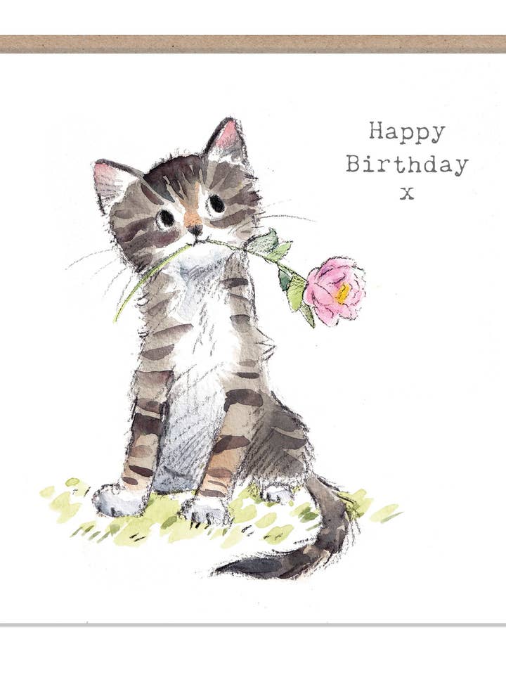 Cute Cat Birthday Card - Tabby with flower for wholesale by Paper Shed Design Ltd