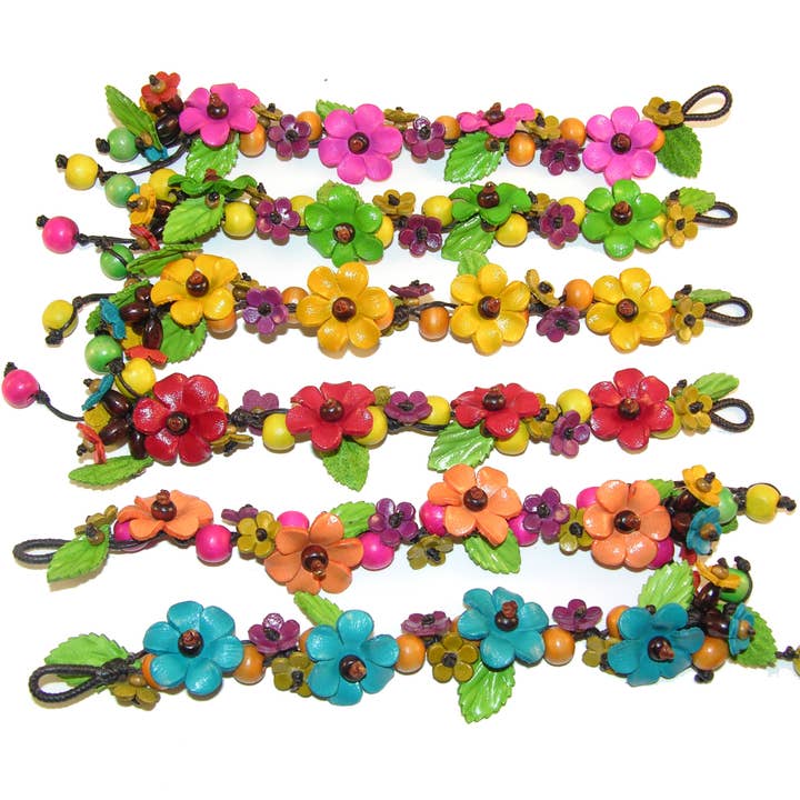 Sunflower Handmade leather inc – wholesale Pärlarmband – läderblommigt snyggt armband med träpärlor