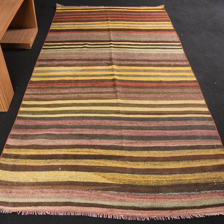 Handgefertigter beigefarbener gestreifter Teppich, 4,6x8,9 ft großer Teppich für den Großhandel von Vintage Rugs Loom