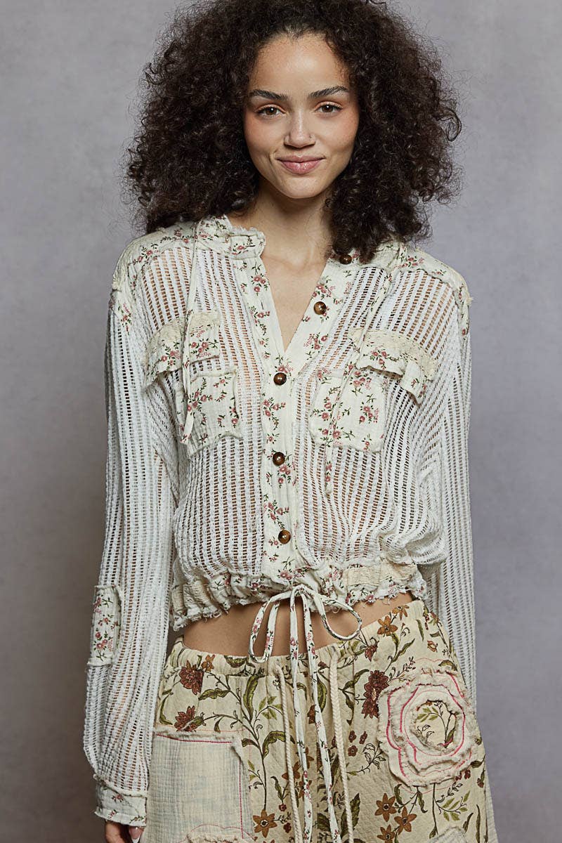 Pol Clothing - Wholesale Jacket - Women's - Vintage washed floral print patch crochet jacket SALE6