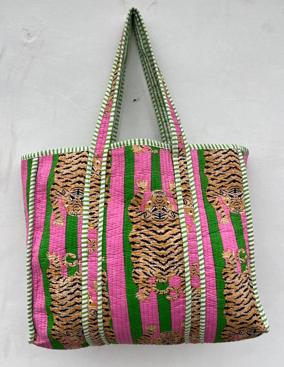 bhavnas boutique – Großhandel Lebensmittel-/Einkaufstasche – Baumwoll-Stepp-Jhola-Tasche mit Tiger-Motiv für Damen1