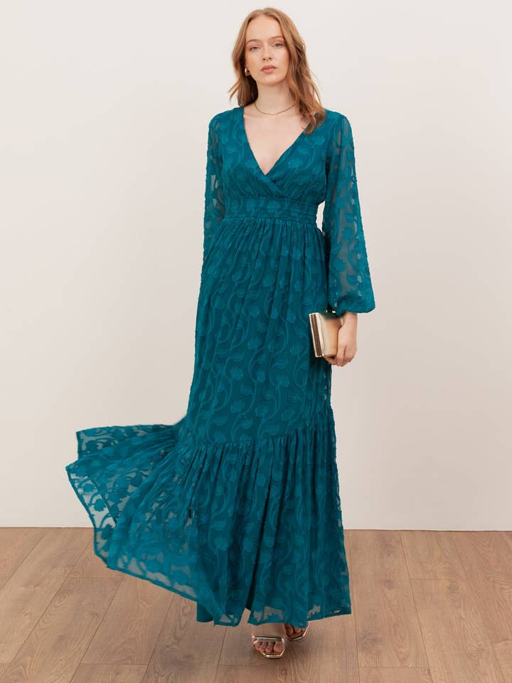 Lovedrobe Teal Floral Burnout Tie-Back Maxi Dress with Asymmetric Split Hem for wholesale by Plaza Collection Ltd