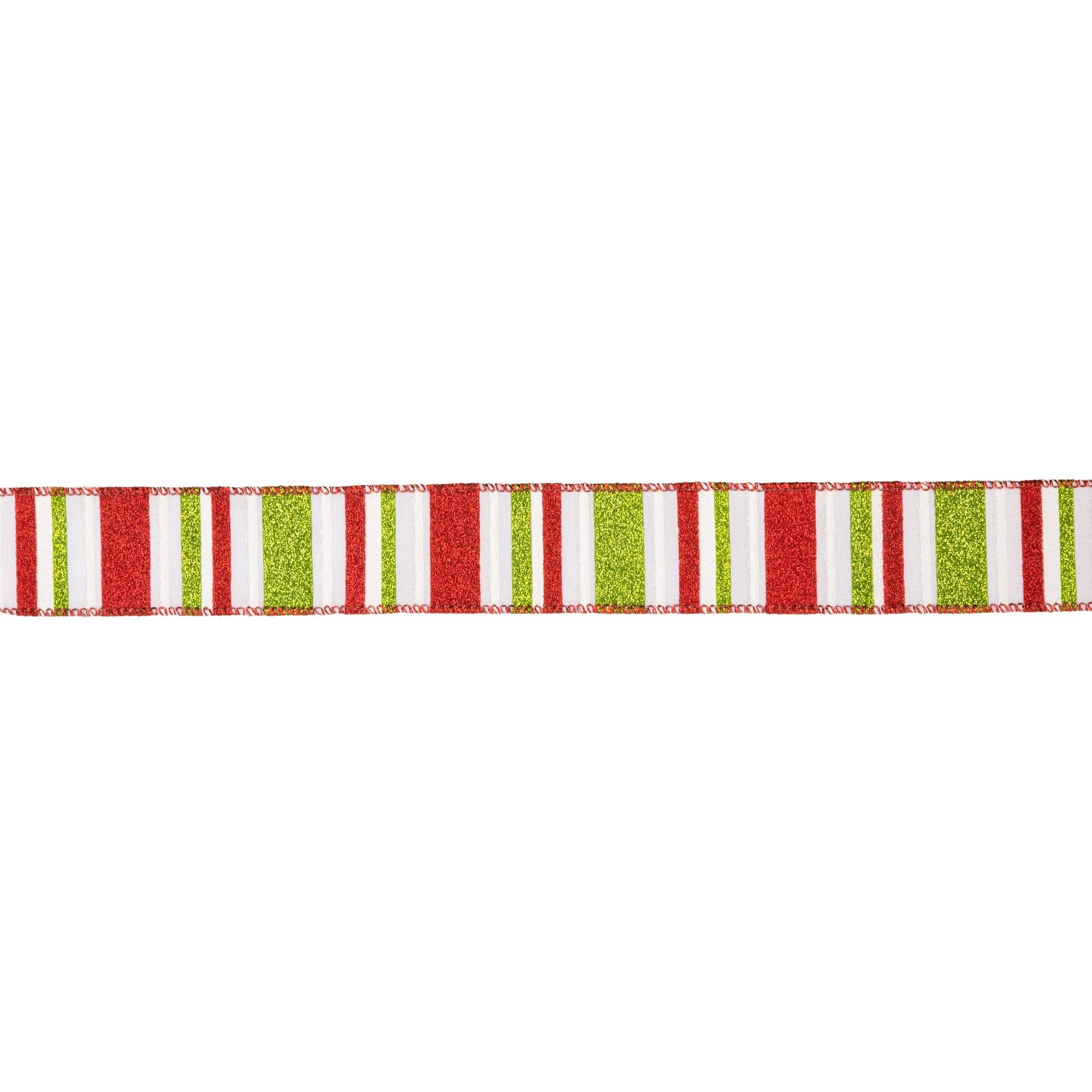 LA Ribbons Wholesale - Wholesale Ribbon - Gift Wrapping - 1 1/2" Wired Ribbon | Red, Green, White Horizontal Glittered Stripes on White | 10 Yard Roll5