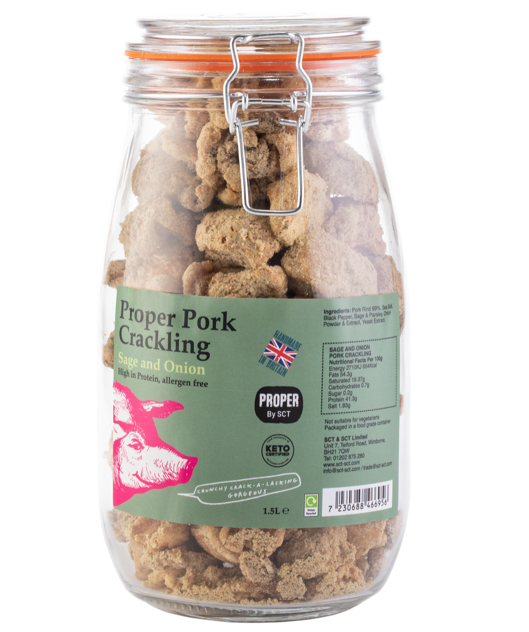 Robert’s Dorset – wholesale Puffed snack – Proper Pork Crackling 1.5L / 390g Glass Jar4