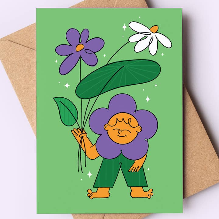 Flower Character Illustrated Card for wholesale by Jess Bright Design
