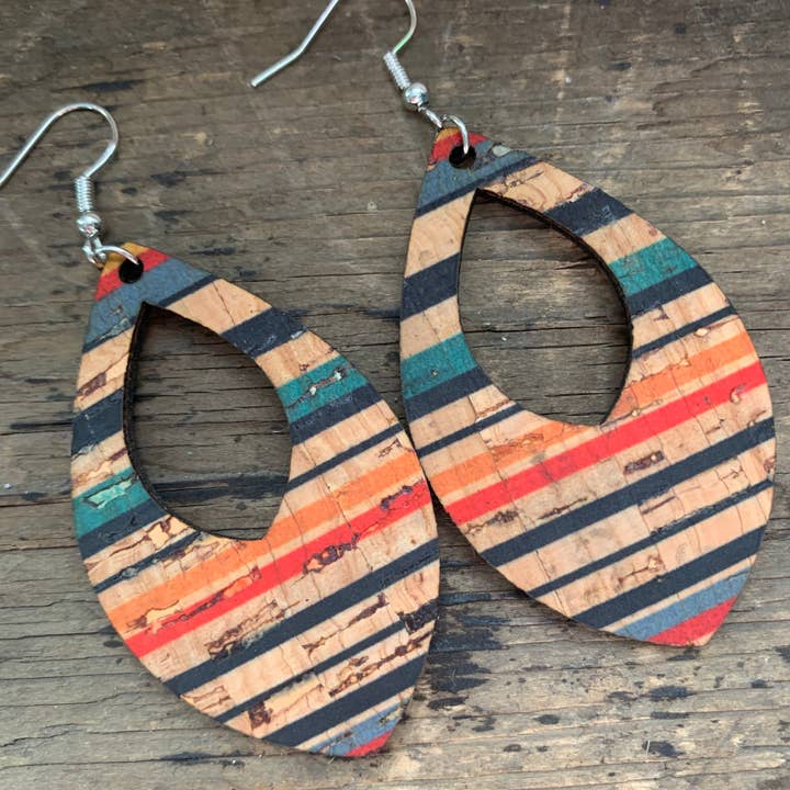 Striped Cork and Leather Teardrop Earrings for wholesale by Jill's Jewels