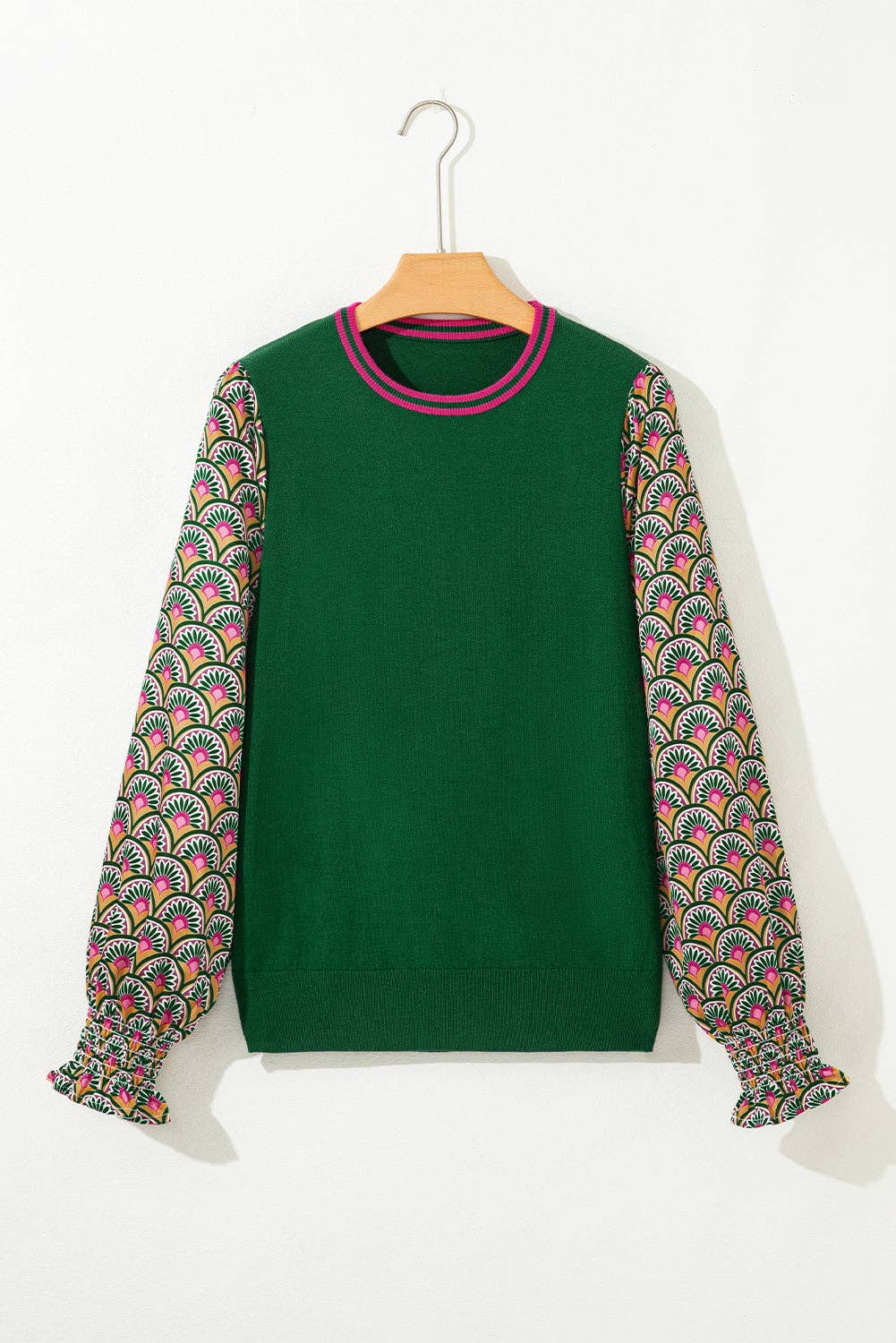 Verde enegrecido Camisola Verde Acinzentado com Padrão Floral e Punhos Franzidos com Mangas Bufantes para venda a revendedores na Faire3