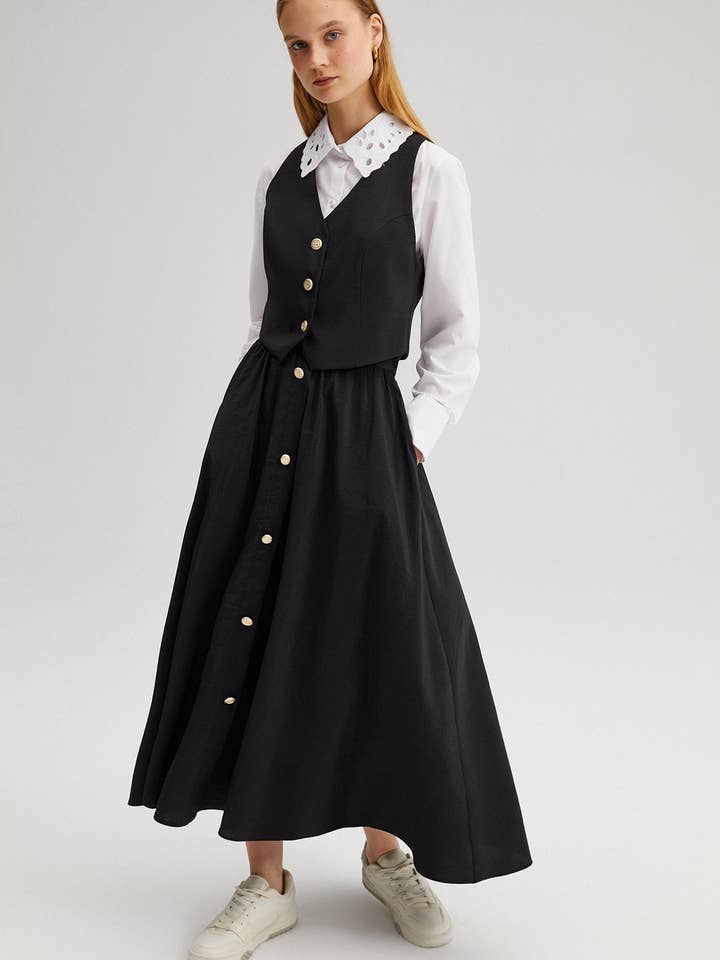 GOLD BUTTONED CUPRO-LOOK VEST & FLOWY MAXI SKIRT SET for wholesale by Touché Privé