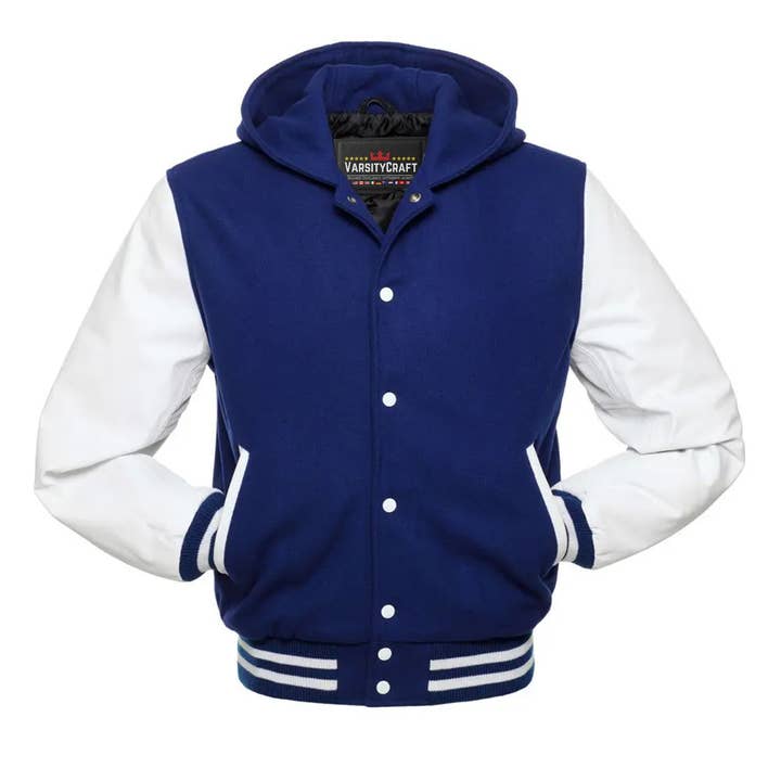 Royal Blue Wool&White Leather Sleeve Hoodie Letterman Jacket for wholesale by Varsity Craft