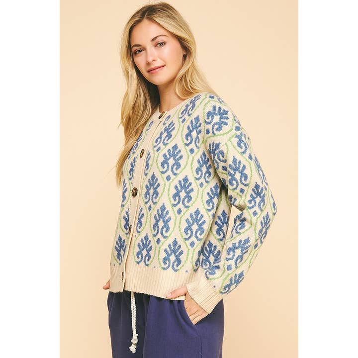 OATMEAL MULTI Cozy jacquard knit cardigan for wholesale on Faire10