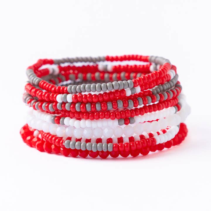 Game Day Beaded 10 Strand Stretch Bracelet Set Scarlet + Gray Wholesale for wholesale by INK + ALLOY