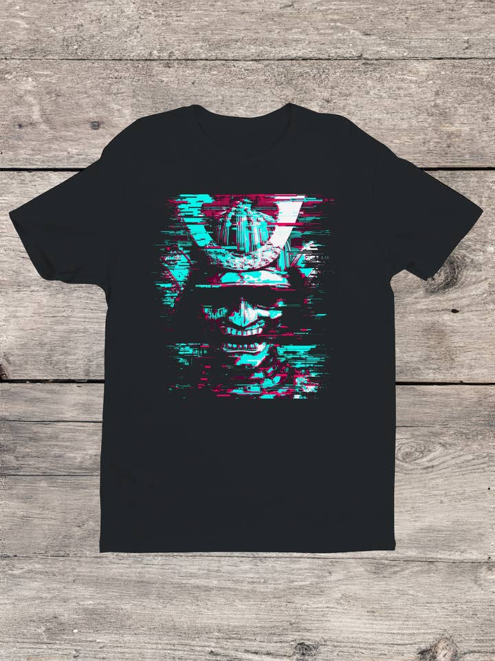 Samurai Glitch Art Cyberpunk Men's T-shirt for wholesale by Swift Retail