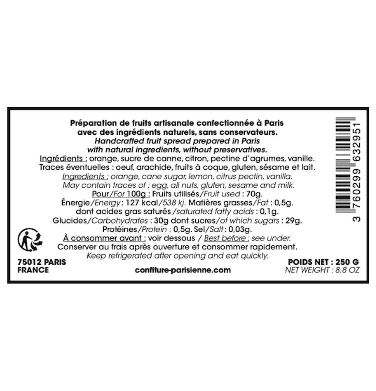 Confiture Parisienne - Venta al por mayor Mermelada/gelatina - Mermelada de naranja y vainilla - 250g4