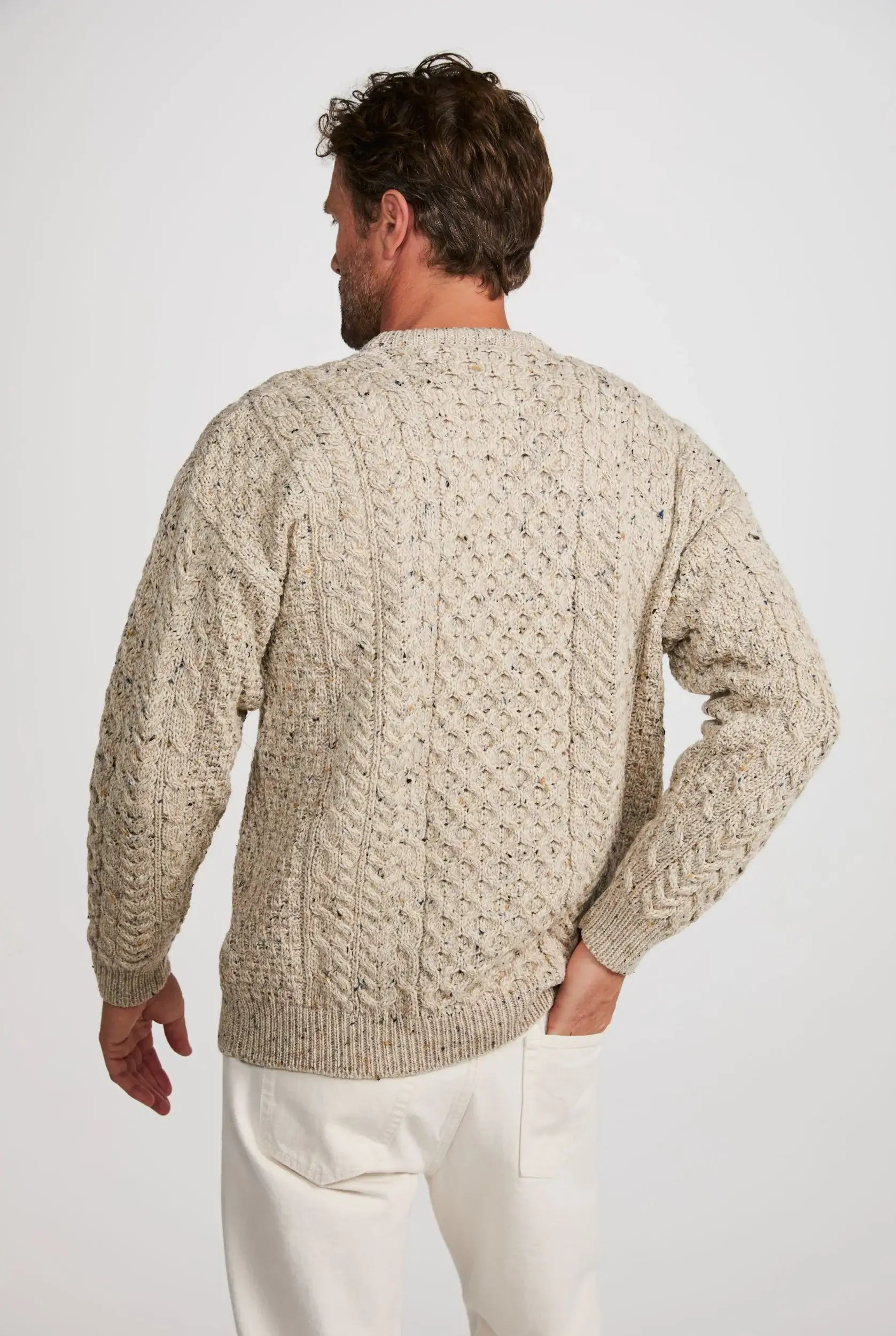 Aran Woollen Mills - Wholesale Knit Sweater - Men's - Inishbofin Mens Traditional Aran Sweater -  Flecked Oat5