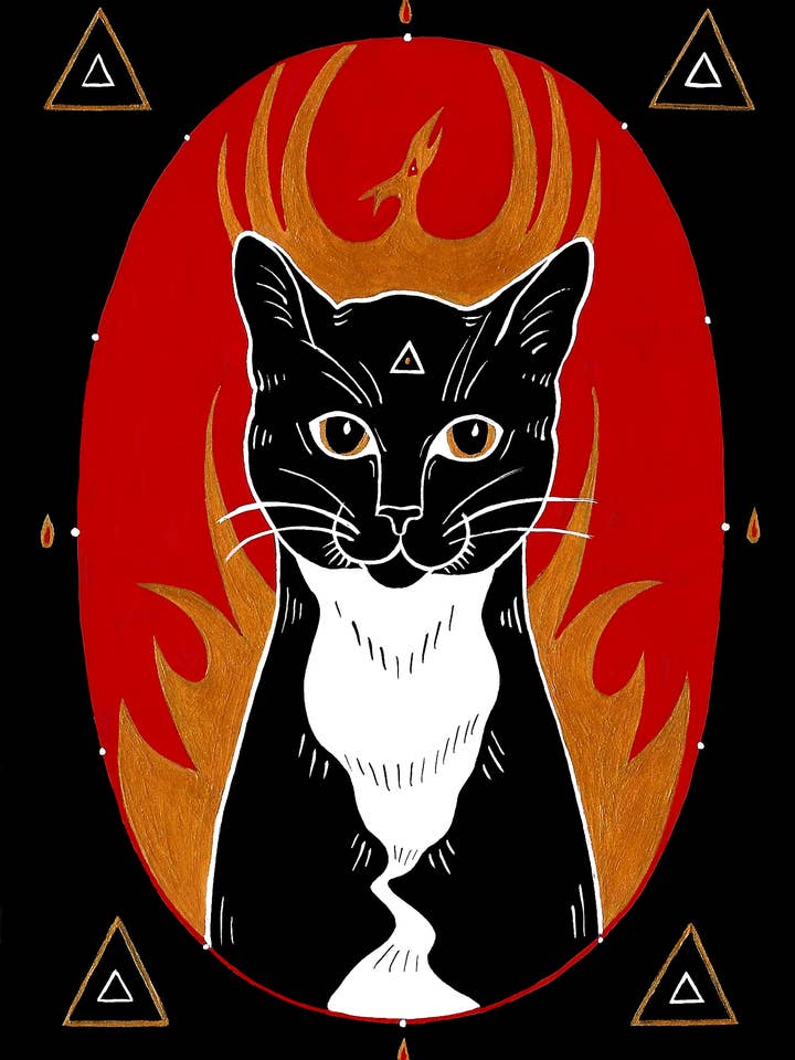 Impression artistique Tuxedo Cat Fire Element de 5 x 7 pouces pour la vente par Fendywitch Designs