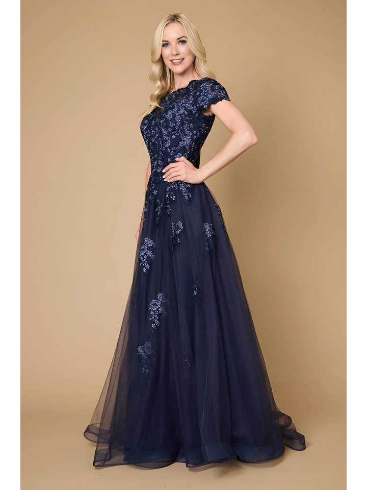 Long Lace Navy Mother of the Bride Dress for wholesale on Faire