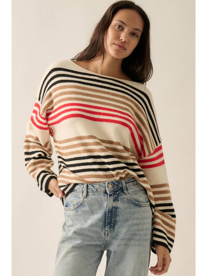 Promesa USA - Wholesale Knit Sweater - Women's - Multicolor Striped Knit Loose-Fit Boatneck Sweater