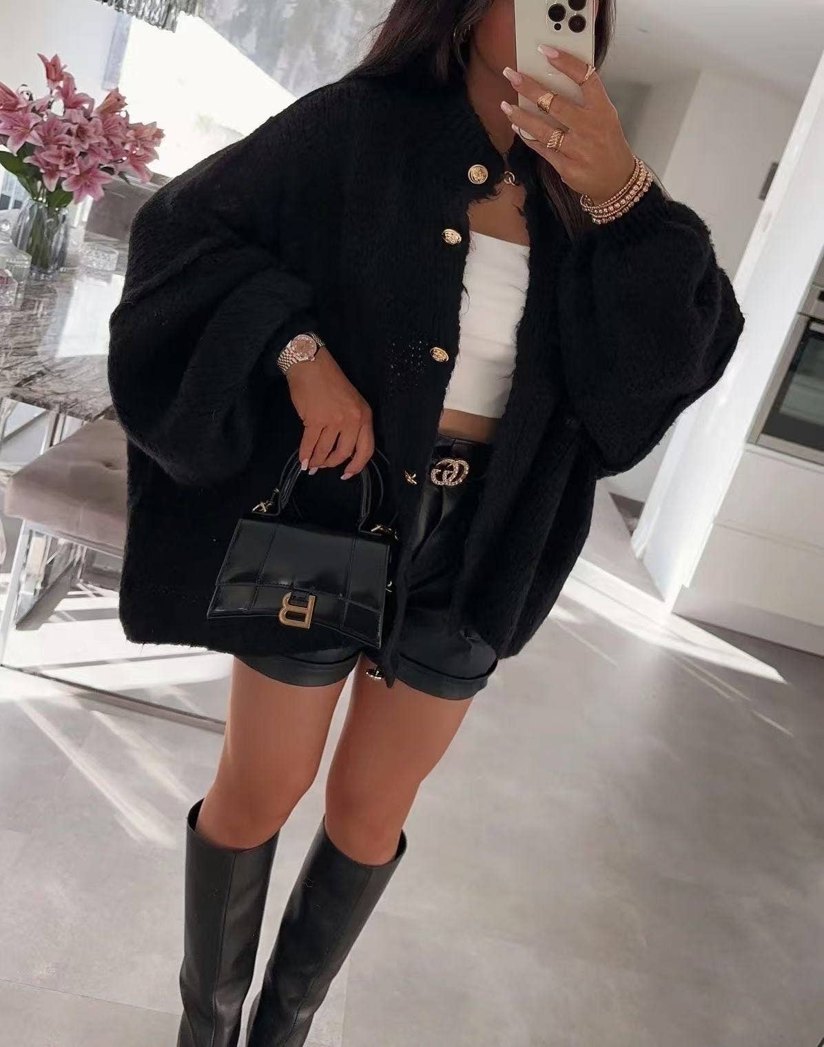 ESTEE BROWN - Vente Cardigan – femme - Gilet en laine avec boutons dorées - 102617