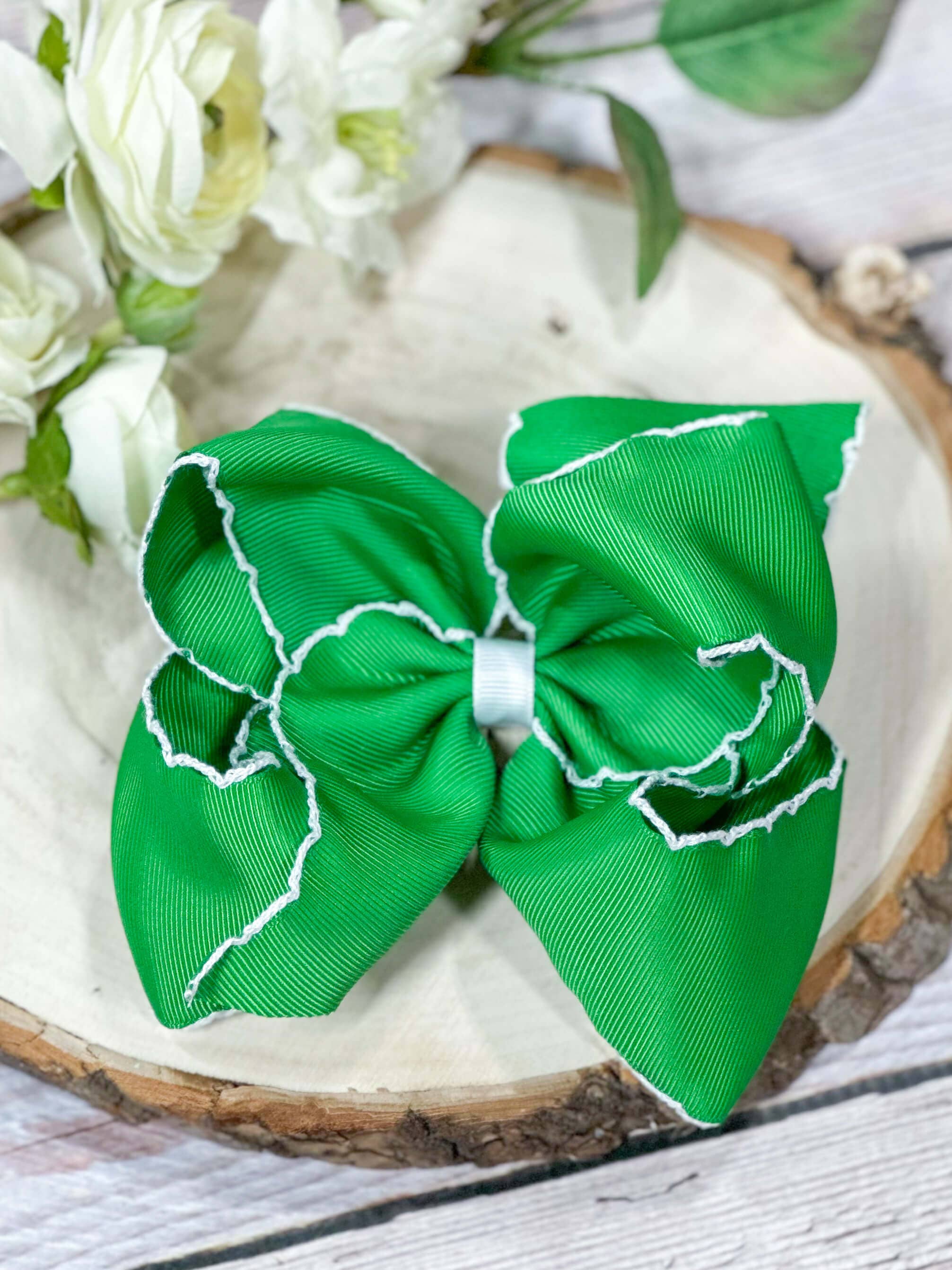 The Hair Bow Company - Wholesale Hair Bow - Kids - Green with White Moonstitch Hair Bow
