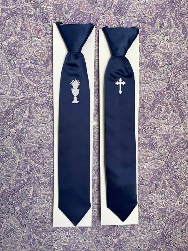 First Communion Boys Tie in Navy Blue with Cross or Chalice for wholesale by Lace and Grace Veils