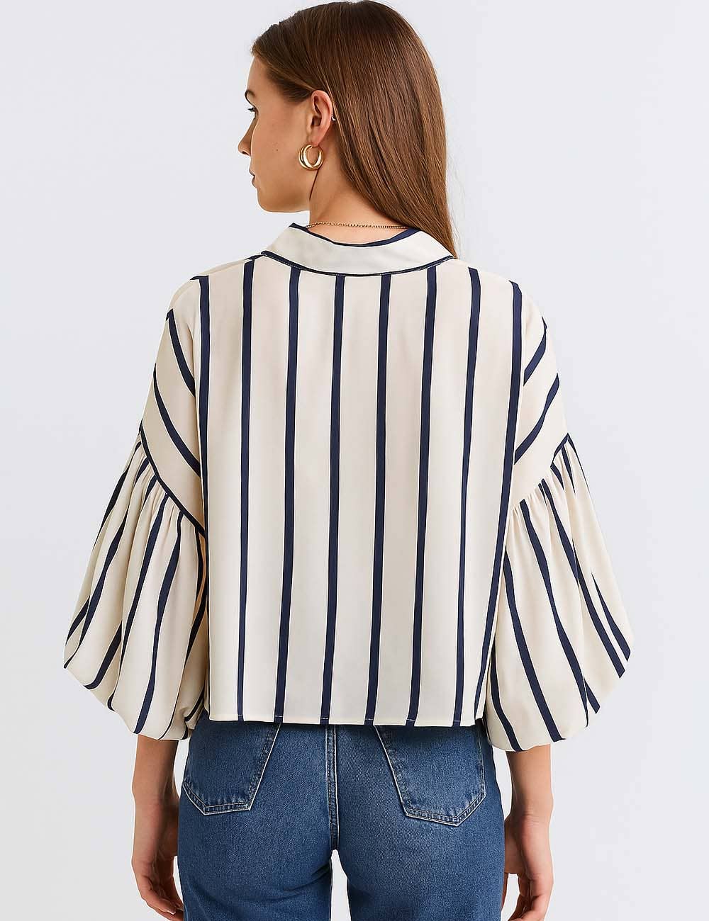 Sweetkama – wholesale Buttoned-down shirt – Women's – Ladies Striped Puff Sleeves Button Shirt SP06823