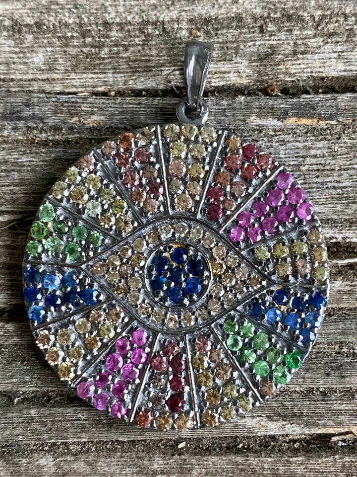 Sterling Silver Multi Sapphire Evil Eye Disc Pendant for wholesale by ILISSA MICHELE JEWELRY