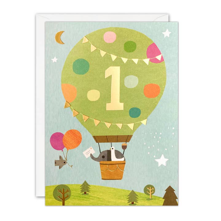 Age 1 Balloon Children's Birthday Card - Acorns for wholesale by James Ellis
