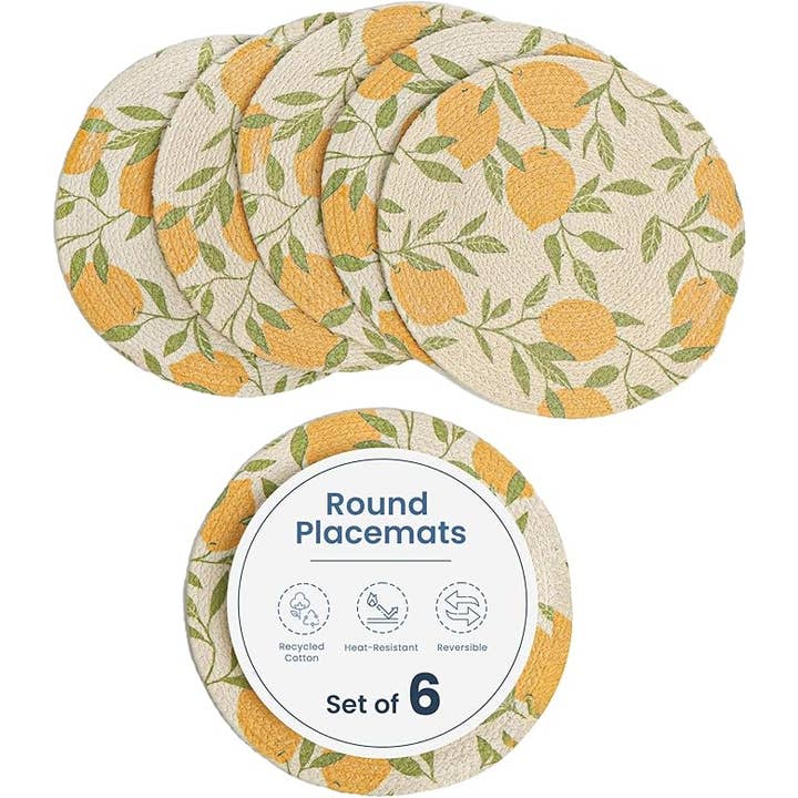 Printed Cotton Braid Placemats, Lemon Set of 6 for wholesale by The Fine Living Company