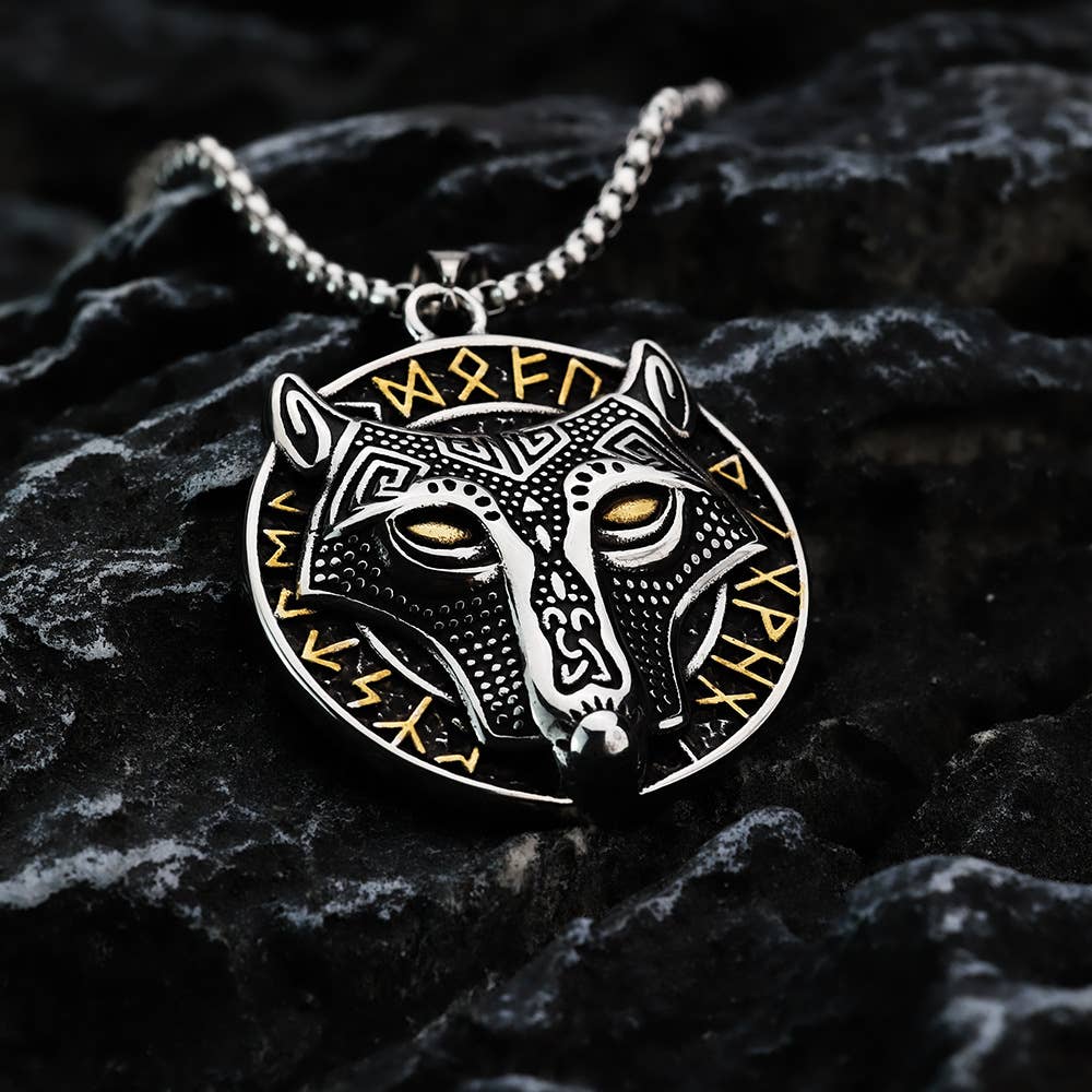 Gemcohub - Wholesale Pendant/Charm Necklace - Nordic Viking Stainless Steel Rune Wolf Head Necklace4