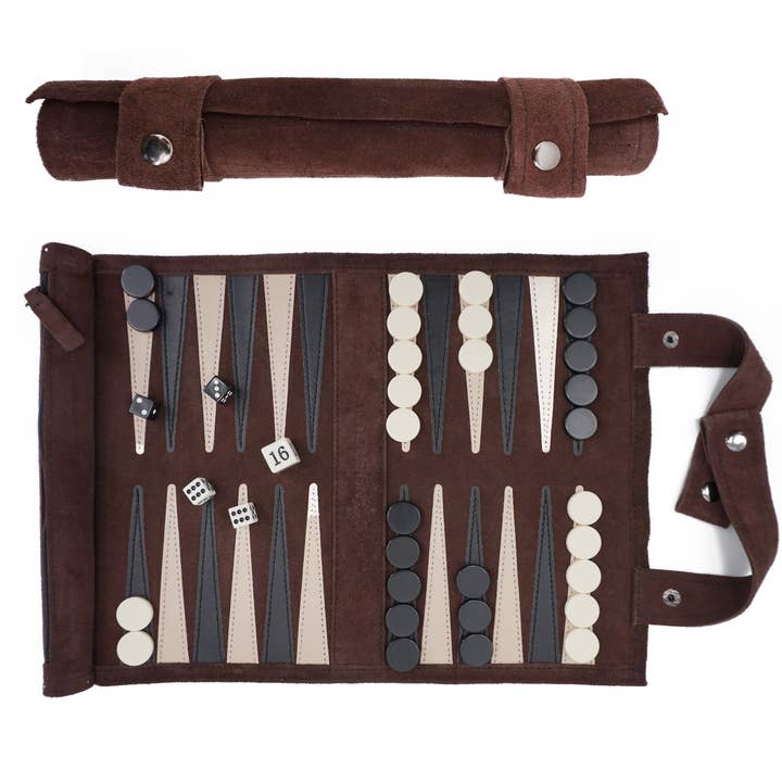 Travel Backgammon Roll-up Portable Leather Suede Game Set for wholesale by Sondergut