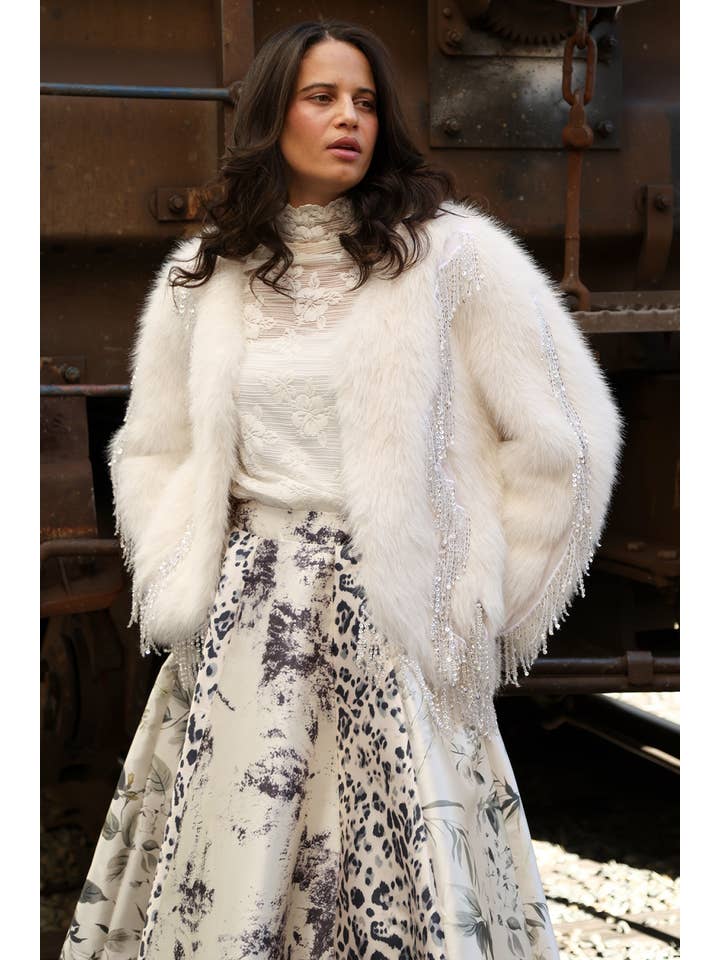 WHITE Sequined Fringe Detail Faux Coat PM4157 for wholesale on Faire3