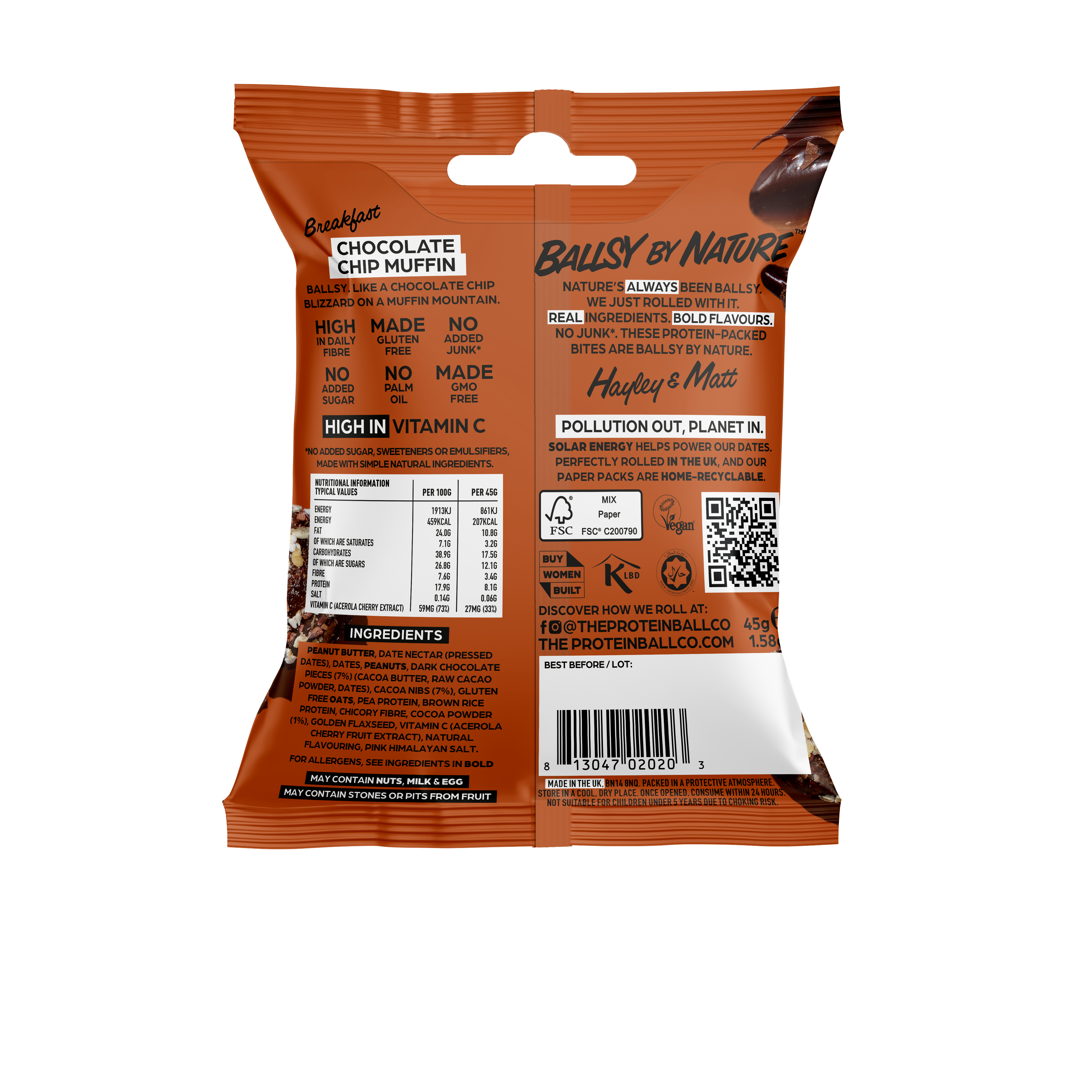 The Protein Ball Co - Wholesale Snack Bar - CHOCOLATE CHIP MUFFIN - High Fibre - Breakfast  10 x 45g1