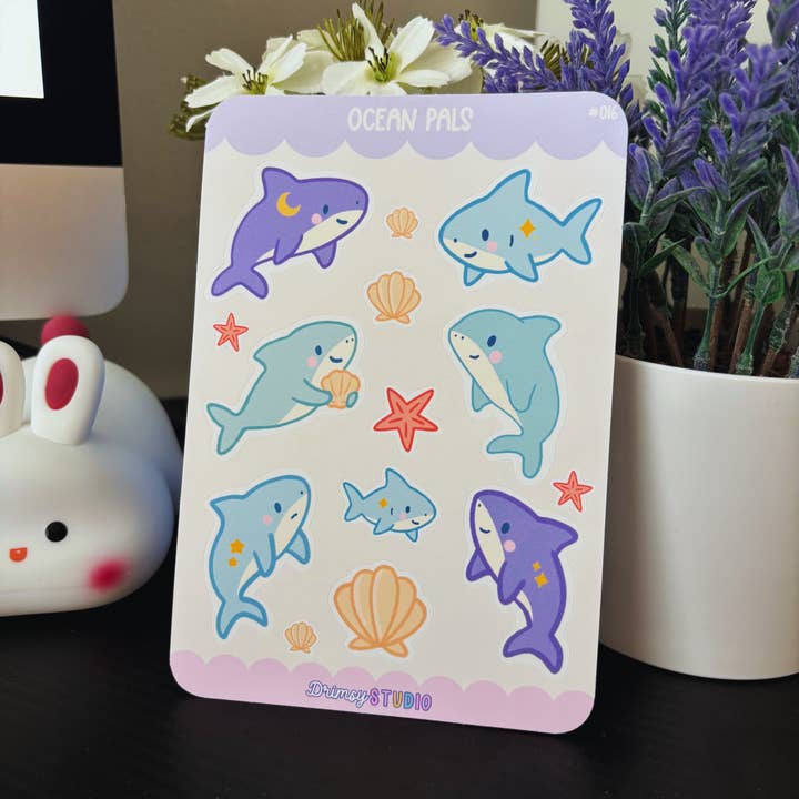 Ocean Pals Planner Sticker Sheet #016 | Cute Sharks, Whales, Shells & Starfish | Kawaii Ocean Animal Stickers by Drimsy Studio for wholesale by Drimsy Studio