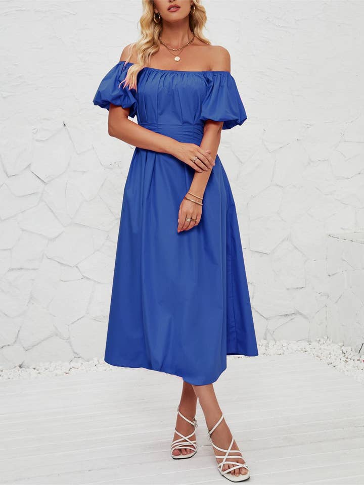 Vanlig axelpuffärmad veckad midiklänning för wholesale av Comely Fashion