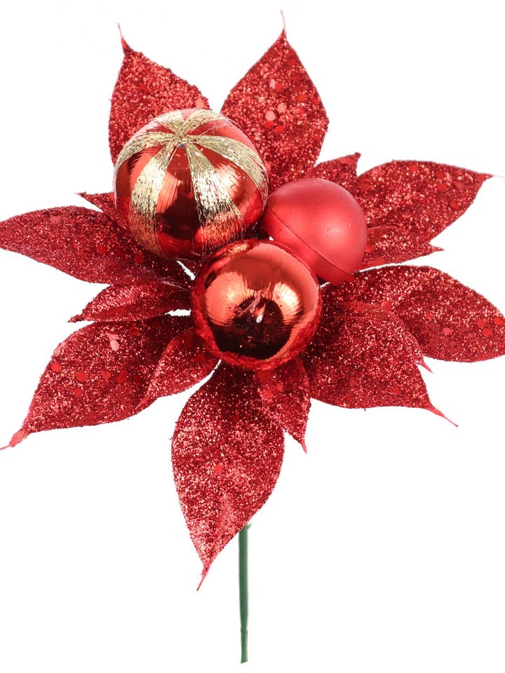 12 Red Glitter Poinsettia Picks, Festive Christmas Accents for wholesale by Larksilk