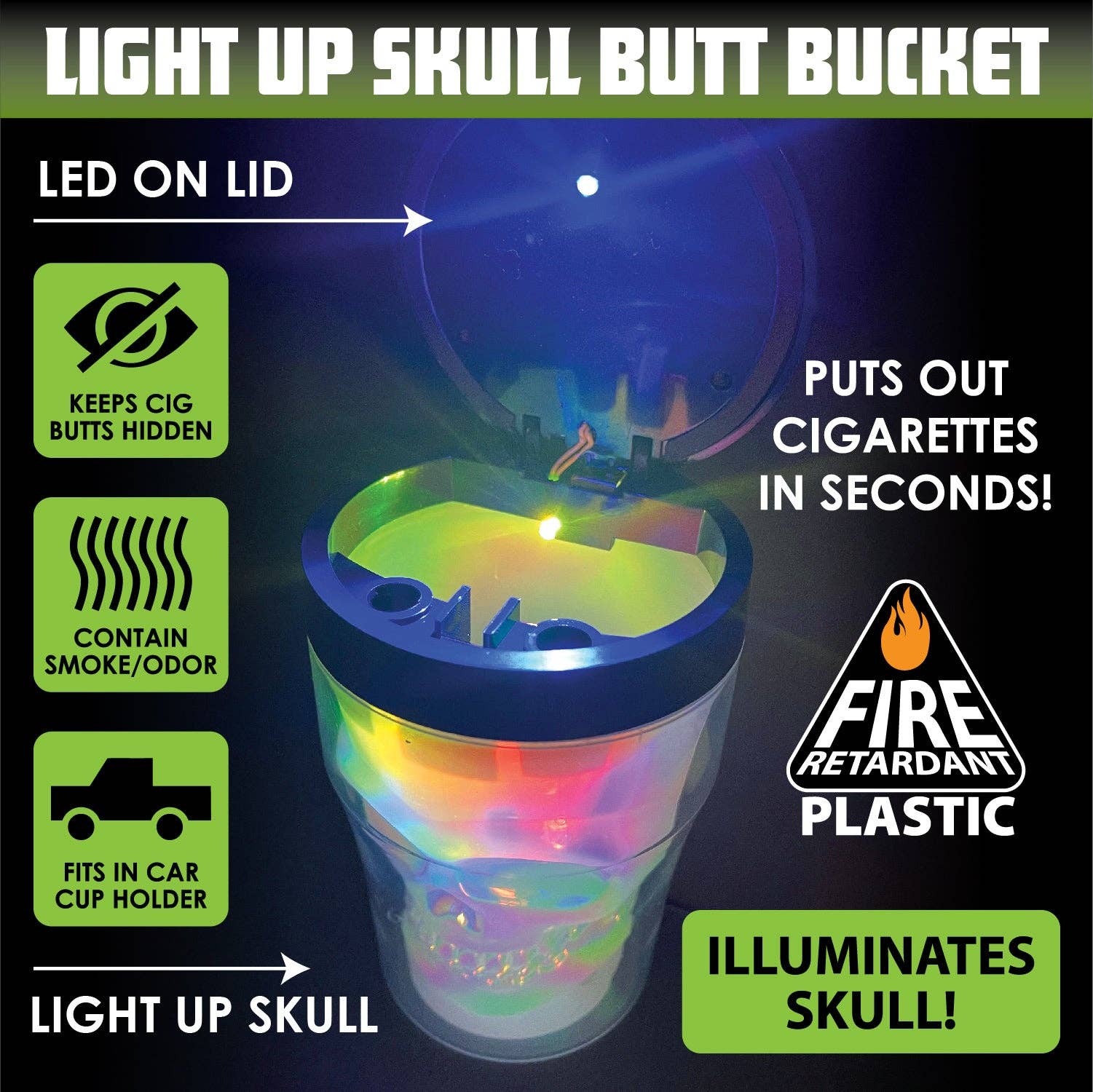 Novelty Brands - Wholesale Ashtray - Smokezilla Light Up Skull Butt Bucket Assortment - 6/Display1