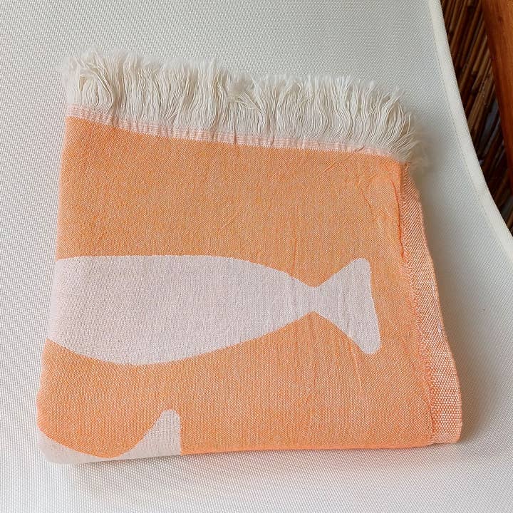 KASALUZ - Vente Serviette de plage - Fouta Poissons Orange Jacquard 100% coton