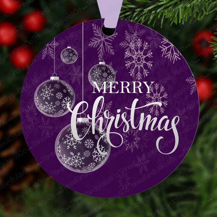 Purple Snowflakes Merry Christmas Ornament for wholesale by Three Birds Nest Company