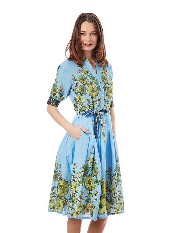 Dizzy-Lizzie - Wholesale Dress - Women's - Mrs Maisel Light Blue Ground With Leaves Print