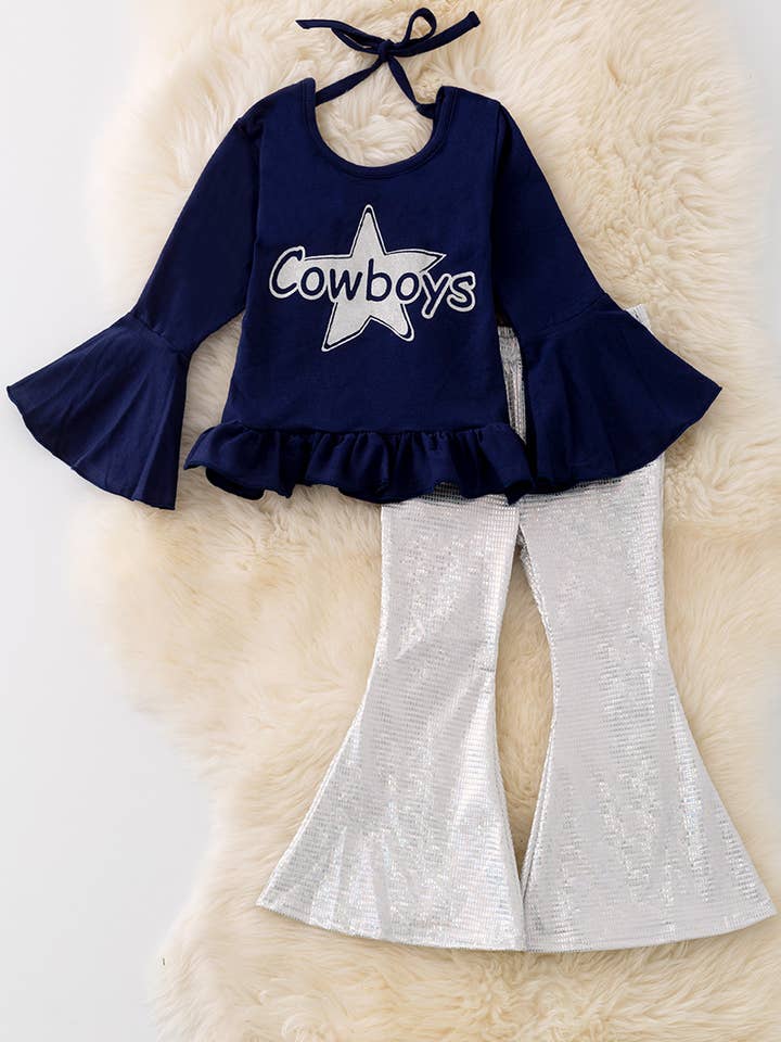 Cowboys" Navy bell sleeve top & shimmery bottoms. OFG42765 S for wholesale by Kids Charm Online