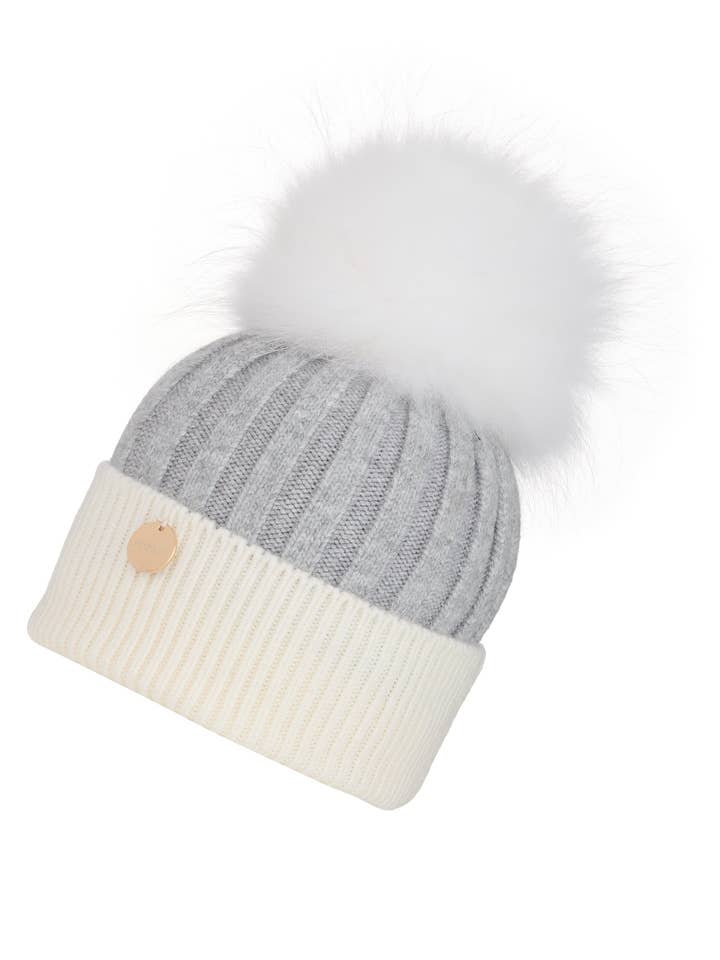 Adults Whisper Grey and Frost Angora Beanie Hat with Pom Pom White for wholesale by Popski London