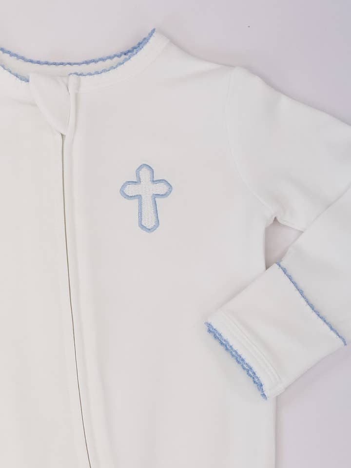 Pip Embroidered Zip Romper -Blue Cross for wholesale by Goosies