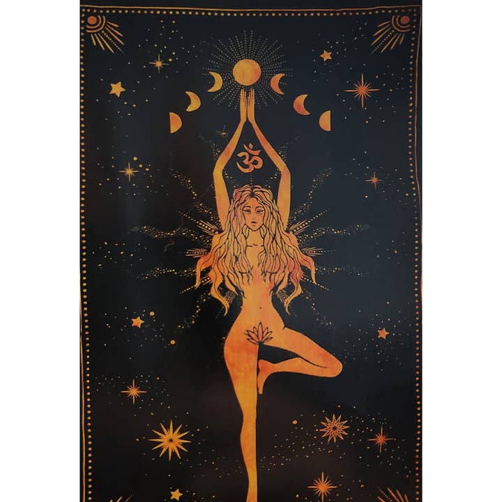 Black Goddess Moon Phases Om Tapestry for wholesale on Faire