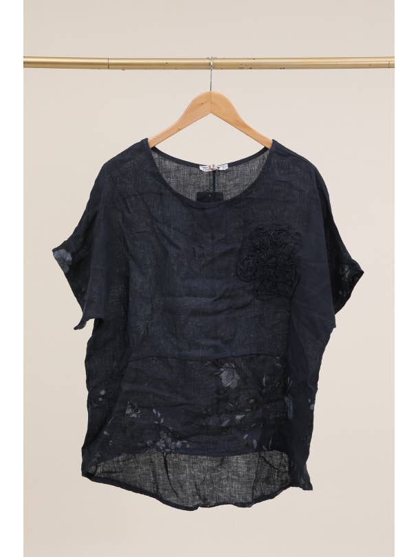 LÉA & LUC - Wholesale Tunic - Women's - Printed blouse with a flower in 100% Linen REF. 1206212