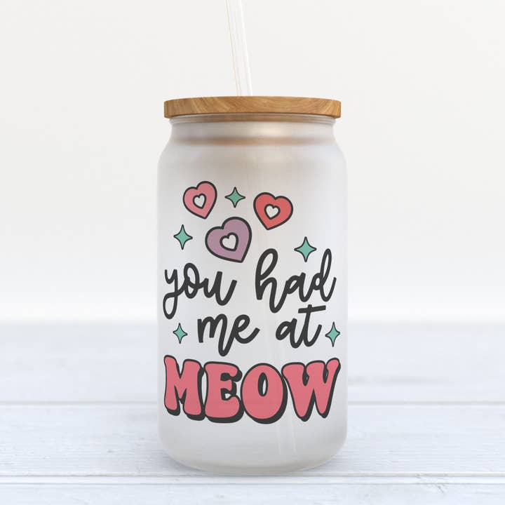 Meow Pet Cat Valentines Day Frosted Glass Can Tumbler for wholesale by Heart & Willow Prints