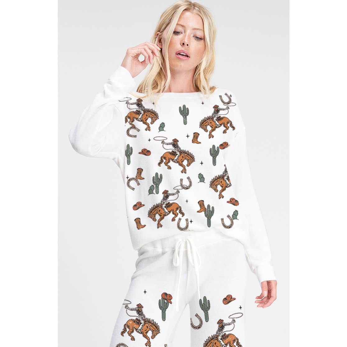Phil Love - Wholesale Lounge Set - Women's - Cowgirl cactus print soft brushed loungewear set 5