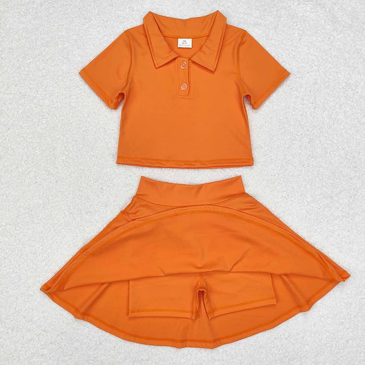 Ensembles de vêtements de sport à boutons oranges pour petites filles pour la vente par Aier Wholesale