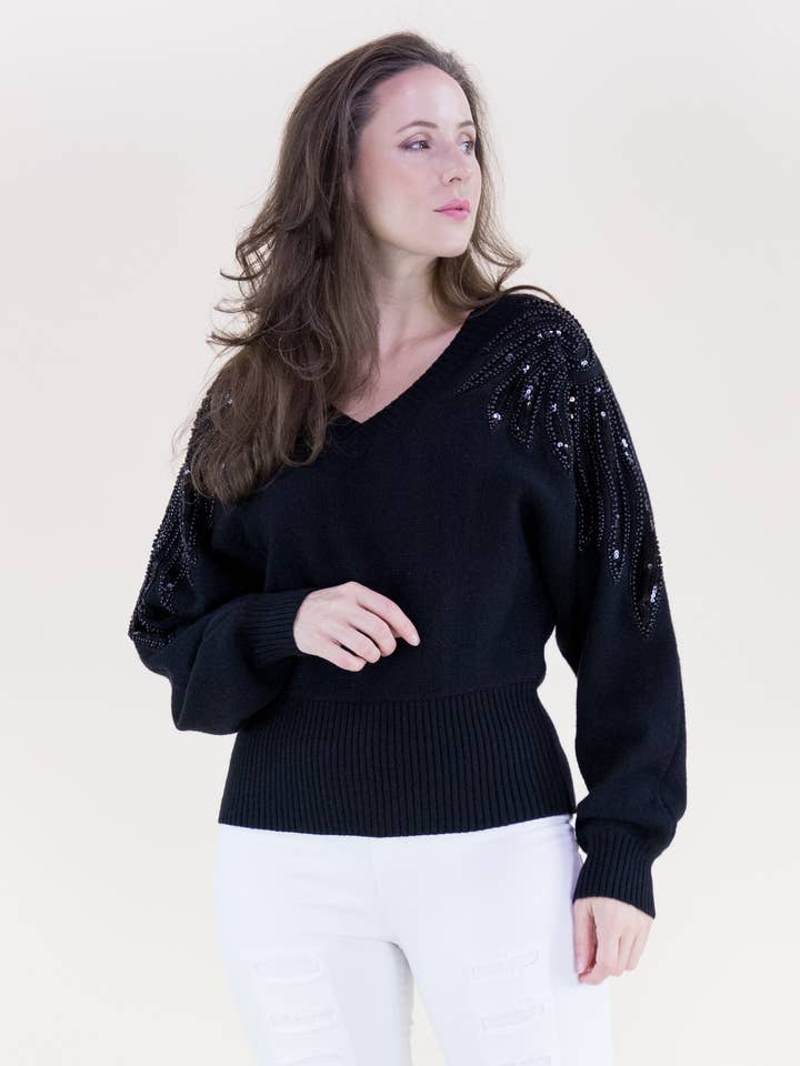 Pull orné d'épaule à plumes perlées ton sur ton pour la vente par Original USA