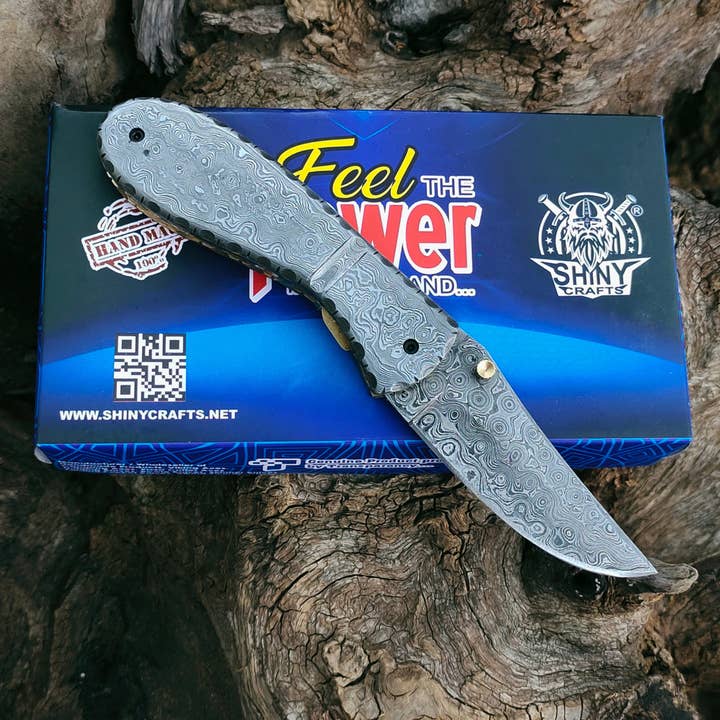SHINY CRAFTS - Wholesale Pocket Knife/Holder - Full Damascus Pocket knife with Damascus Handle & Blade, Folding knife with liner lock, Camping Knife, Hunting knife with Premium Leather Sheath (FK-09)1