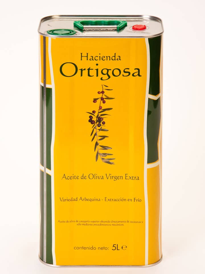 Tanica da 5 litri di olio extravergine di oliva 100% Arbequina per la vendita all'ingrosso da parte di HACIENDA ORTIGOSA